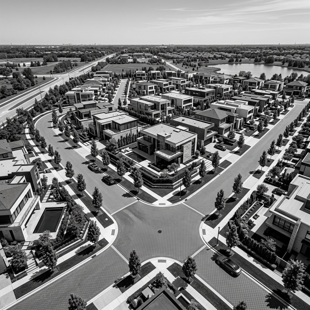Vista aérea conceitual do traçado urbano reto e pavimentação de concreto rígido F Pandini