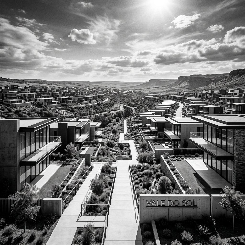 Vista geométrica em patamares do loteamento Vale do Sol com iluminação solar dramática